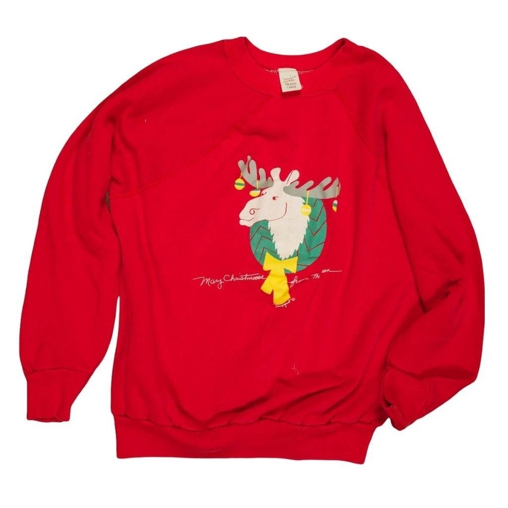 Vintage 80s Mary Christmoose Red Sweatshirt Moose Holiday Christmas Large Raglan